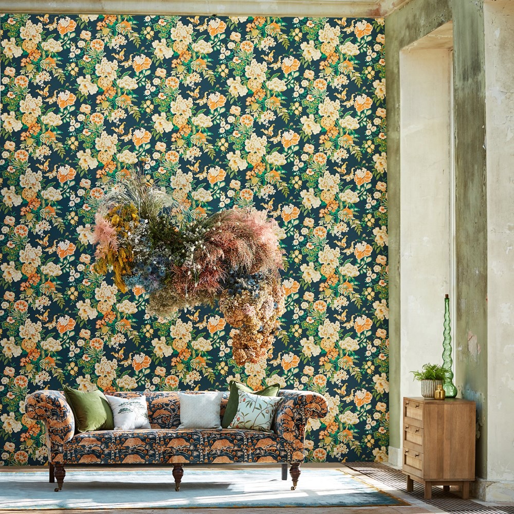 Emperor Peony Wallpaper 217120 by Sanderson in Midnight Apricot